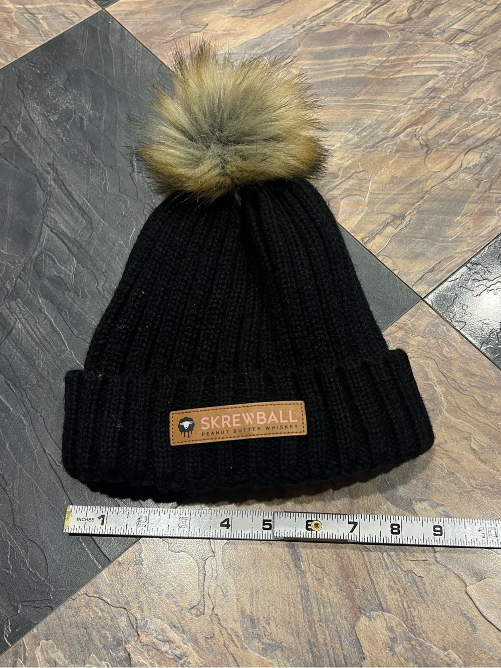 Black Knit Pom Beanie with Faux Fur Pom